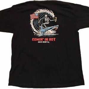 Barreling the Wave Surf COMING IN HOT Skeleton Shark Black 3XL Mens T Shirt